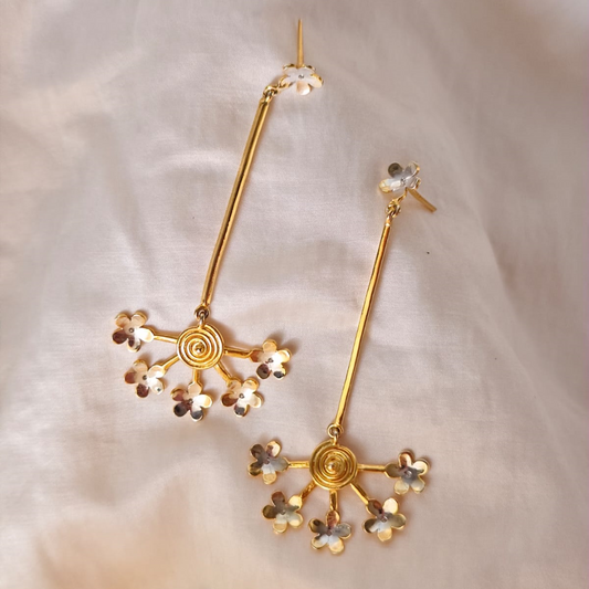 Dangler earrings with spiral center and delicate floral extensions, crafted in brass and 18K rhodium gold