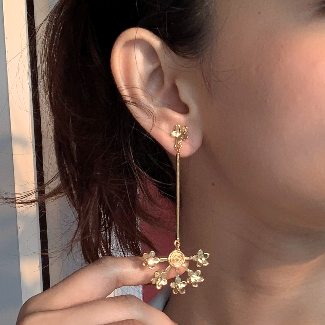 Dangler earrings with spiral center and delicate floral extensions, crafted in brass and 18K rhodium gold