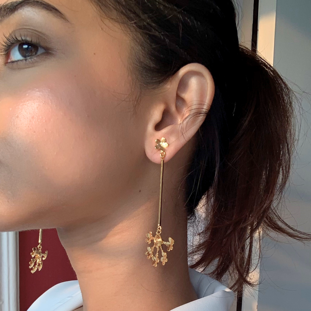 Dangler earrings with spiral center and delicate floral extensions, crafted in brass and 18K rhodium gold