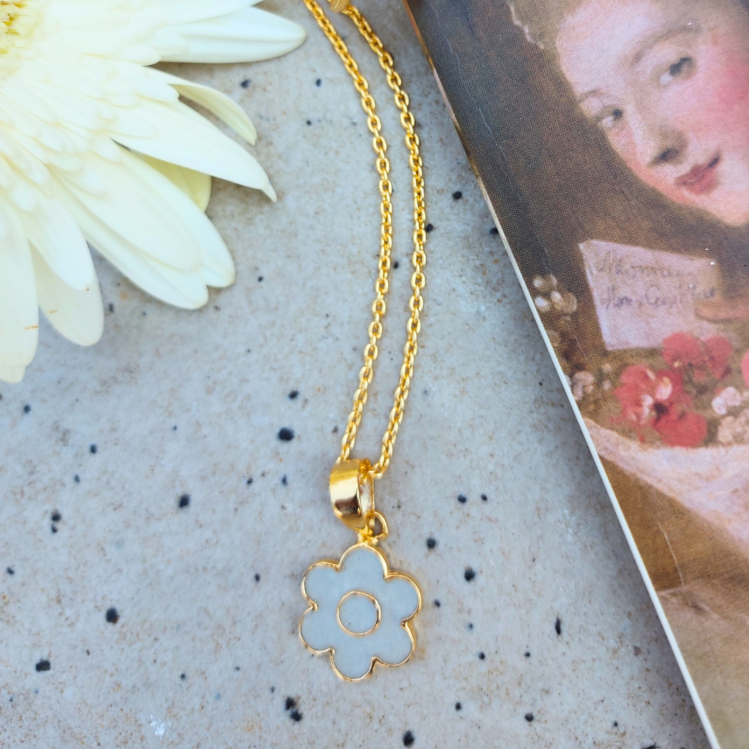 Handcrafted floral cement and brass pendant with 18K rhodium gold plating