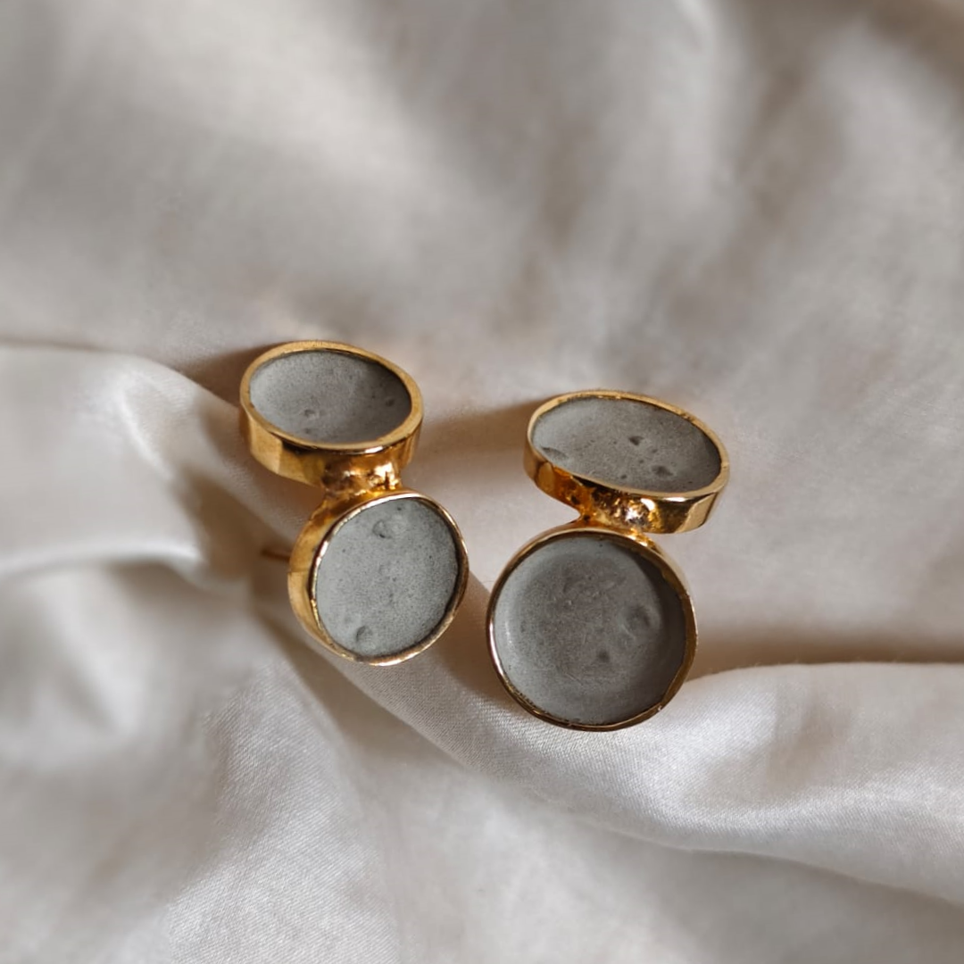 Handcrafted dual cement and brass earrings with 18K rhodium gold plating