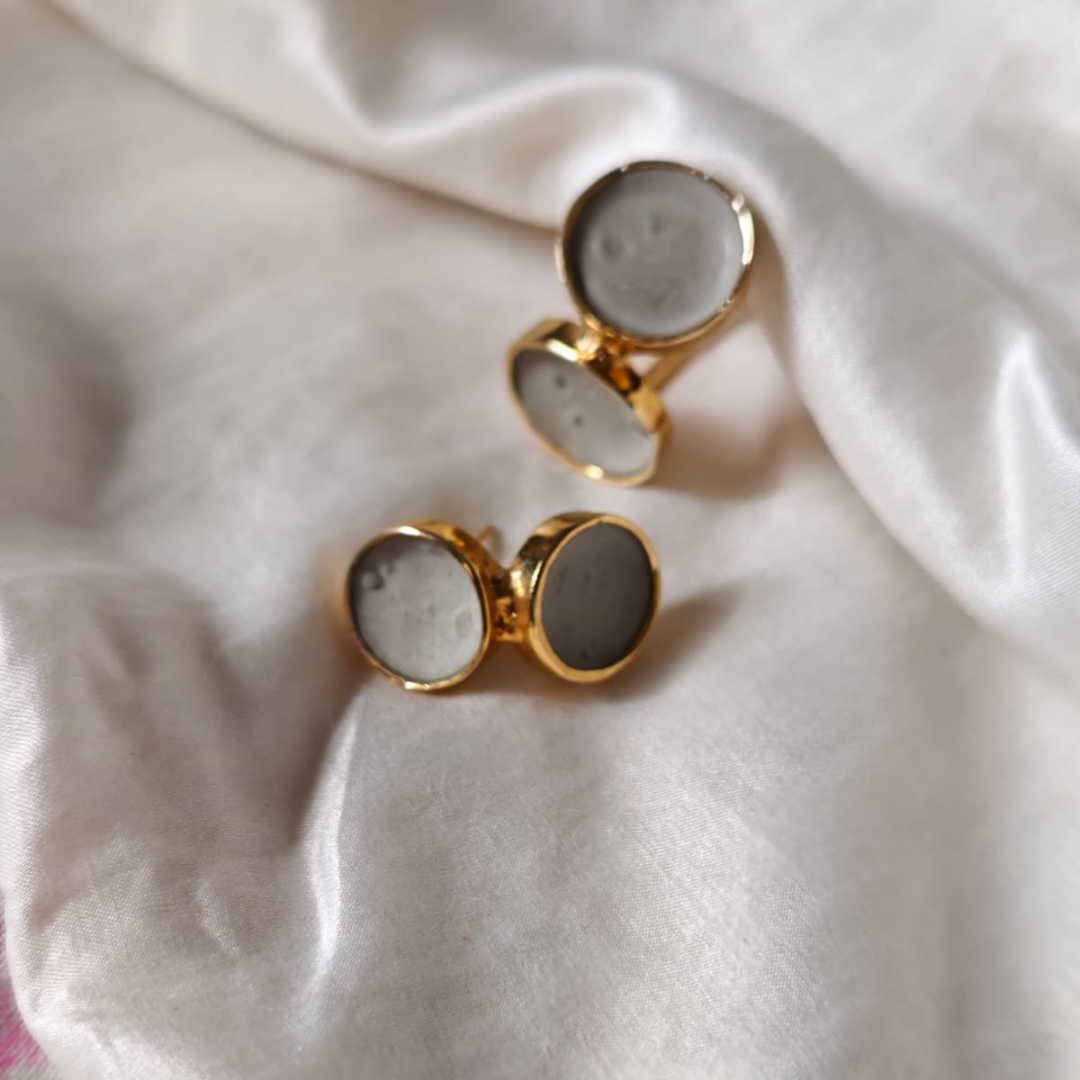 Handcrafted dual cement and brass earrings with 18K rhodium gold plating