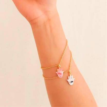 Hamsa charm bracelet with enamel finish and evil eye accent, gold-plated chain, lightweight and symbolic