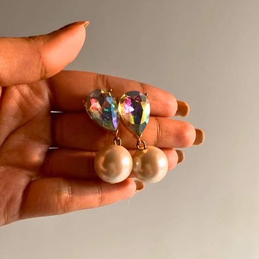 faux pearl earrings with brass, crystal stones, and 18K rhodium gold finish, perfect for special occasions