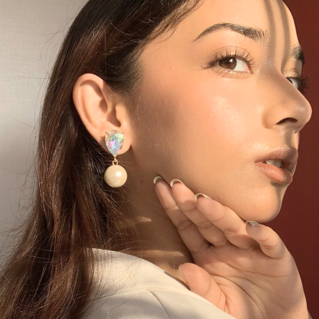 faux pearl earrings with brass, crystal stones, and 18K rhodium gold finish, perfect for special occasions