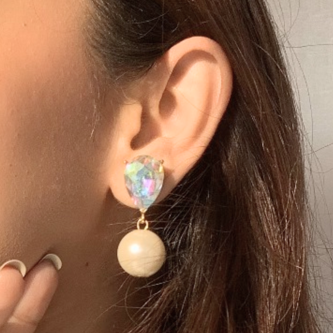 faux pearl earrings with brass, crystal stones, and 18K rhodium gold finish, perfect for special occasions