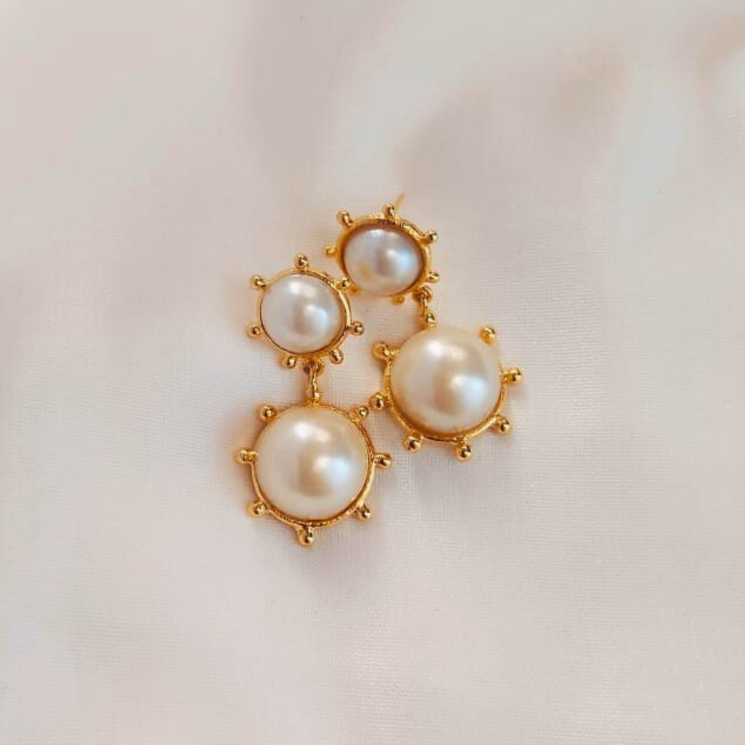 Customizable Pearl Bliss earrings with cascading faux pearls, brass and 18K rhodium gold plating