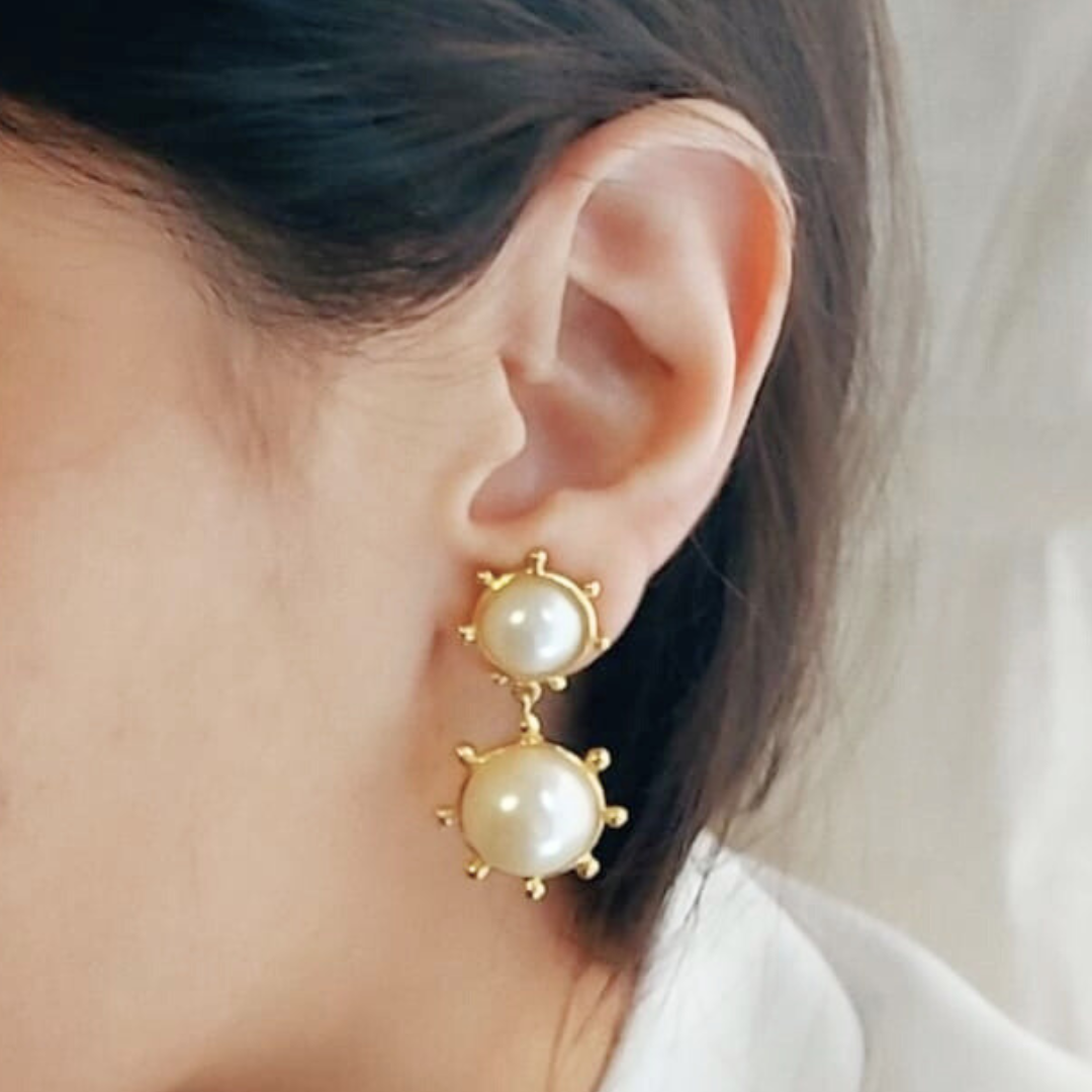 Customizable Pearl Bliss earrings with cascading faux pearls, brass and 18K rhodium gold plating