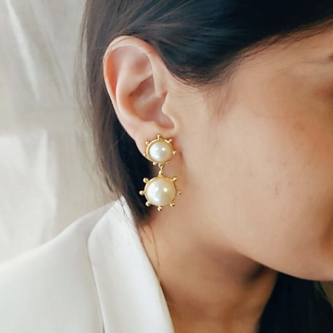 Customizable Pearl Bliss earrings with cascading faux pearls, brass and 18K rhodium gold plating