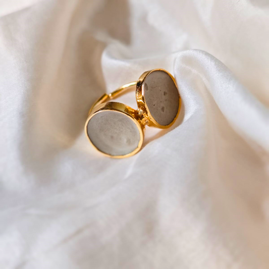 Handcrafted dual cement and brass ring with 18K rhodium gold plating
