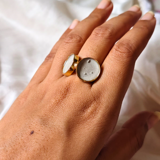 Handcrafted dual cement and brass ring with 18K rhodium gold plating