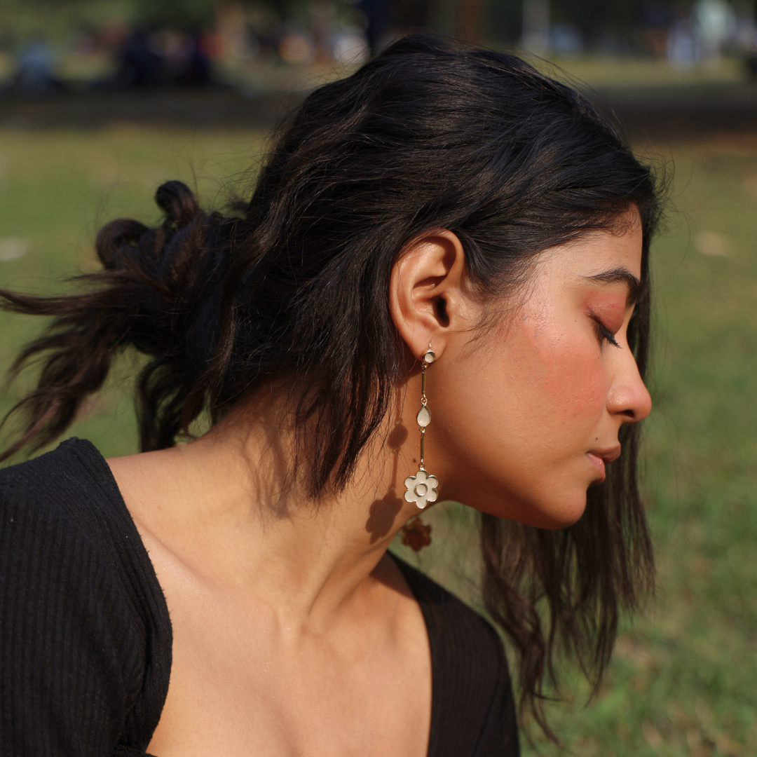 Handcrafted drop flower earrings in cement and brass with 18K rhodium gold plating