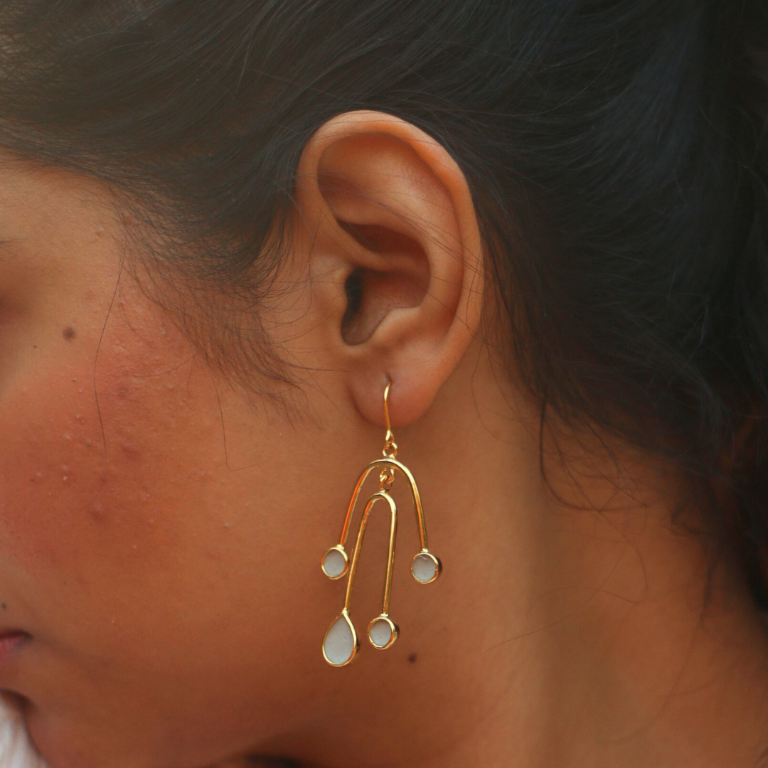 Handcrafted playful cement and brass earrings with 18K rhodium gold plating