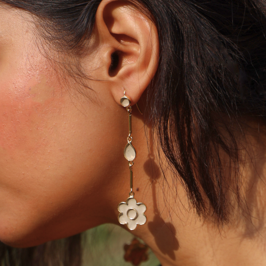 Handcrafted drop flower earrings in cement and brass with 18K rhodium gold plating