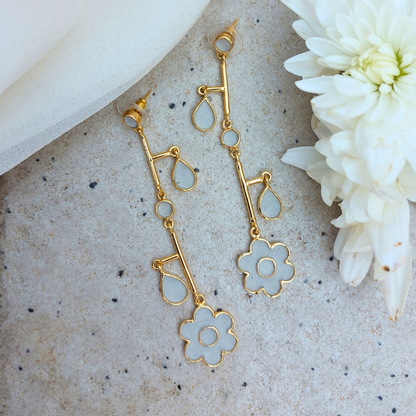 Handcrafted balanced cement and brass earrings with 18K rhodium gold plating
