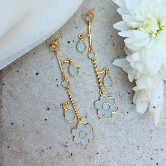 Handcrafted balanced cement and brass earrings with 18K rhodium gold plating
