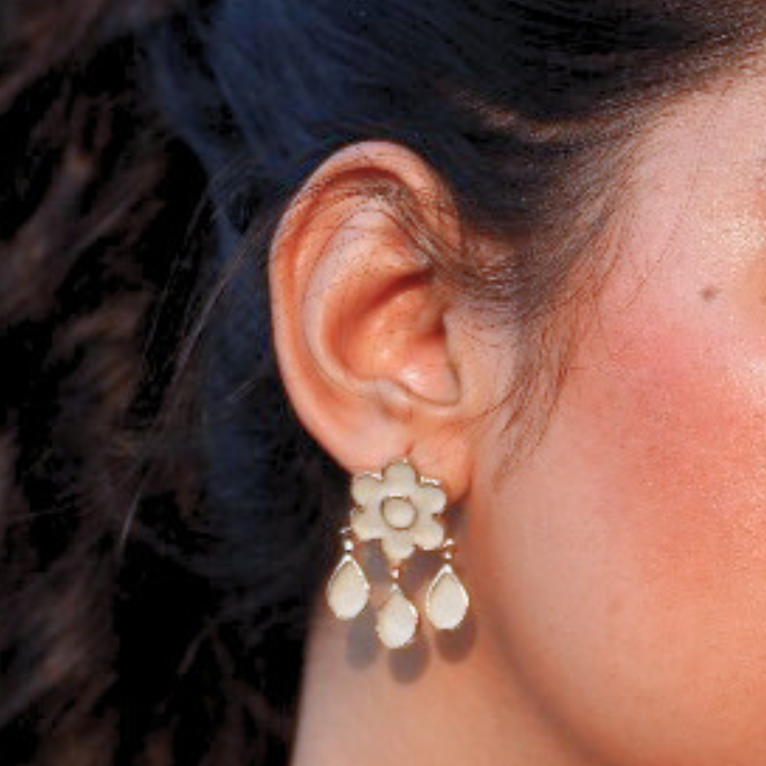 Handcrafted floral drop earrings made with cement and brass, finished in 18K rhodium gold