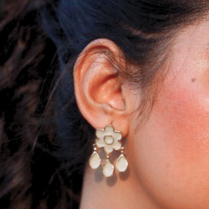 Handcrafted floral drop earrings made with cement and brass, finished in 18K rhodium gold