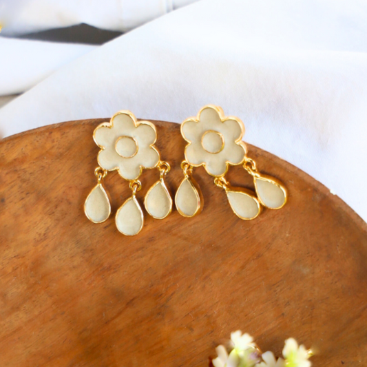 Handcrafted floral drop earrings made with cement and brass, finished in 18K rhodium gold