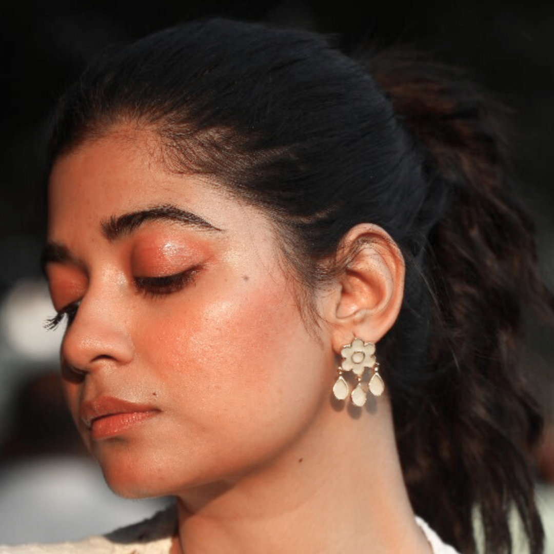 Handcrafted floral drop earrings made with cement and brass, finished in 18K rhodium gold