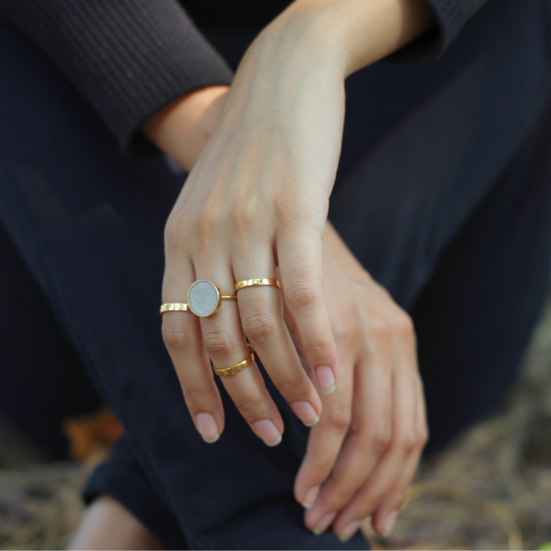 Handcrafted cement and brass round ring with 18K rhodium gold finish