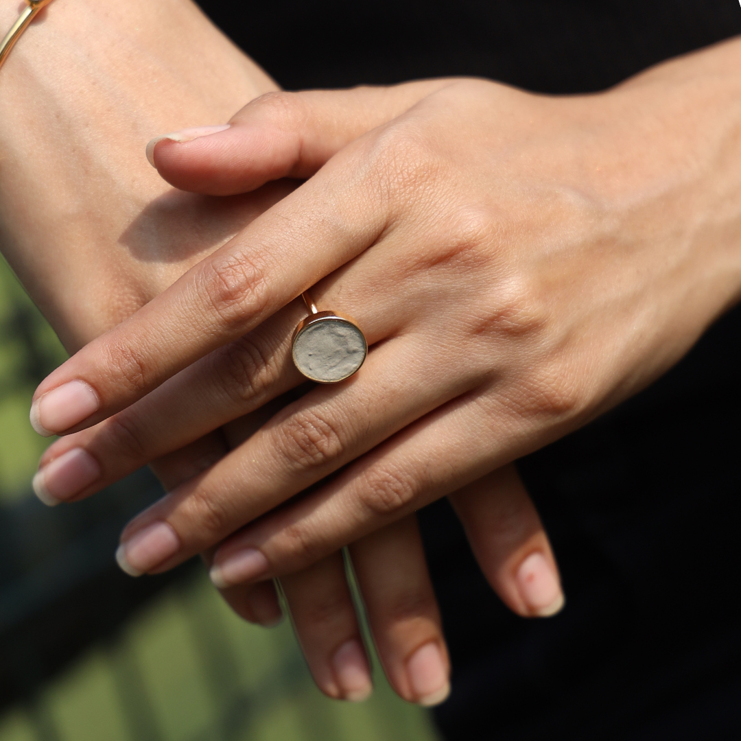 Handcrafted cement and brass round ring with 18K rhodium gold finish