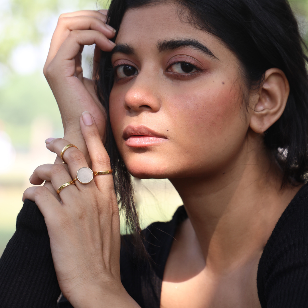 Handcrafted cement and brass round ring with 18K rhodium gold finish