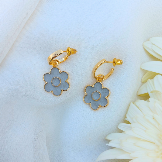 Handcrafted detachable floral cement and brass ear danglers with 18K rhodium gold plating