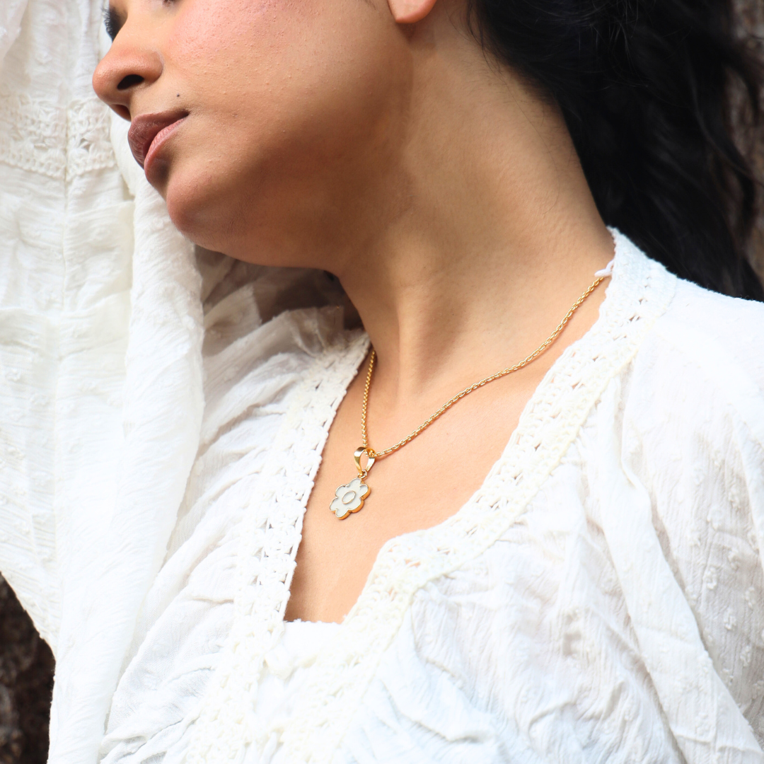 Handcrafted floral cement and brass pendant with 18K rhodium gold plating