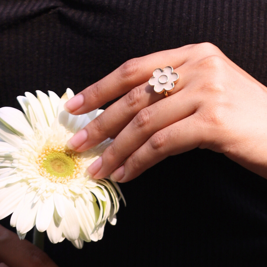 Handcrafted floral cement and brass ring with 18K rhodium gold plating