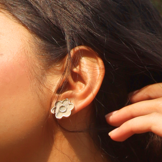 Handcrafted floral cement and brass ear studs with 18K rhodium gold plating