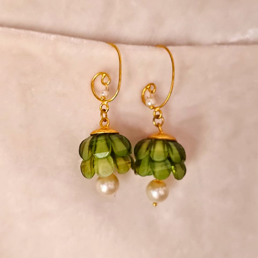 Lightweight green jhumki earrings with layered acrylic petal dome and single pearl drop
