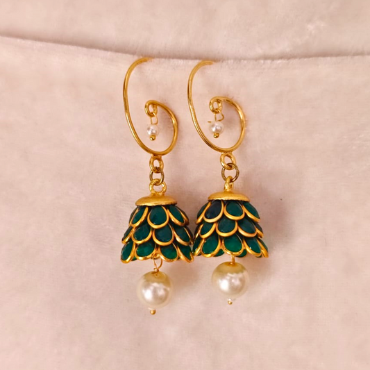 Green acrylic jhumki earrings with lotus petal design, pearl drop, and 18K rhodium gold finish