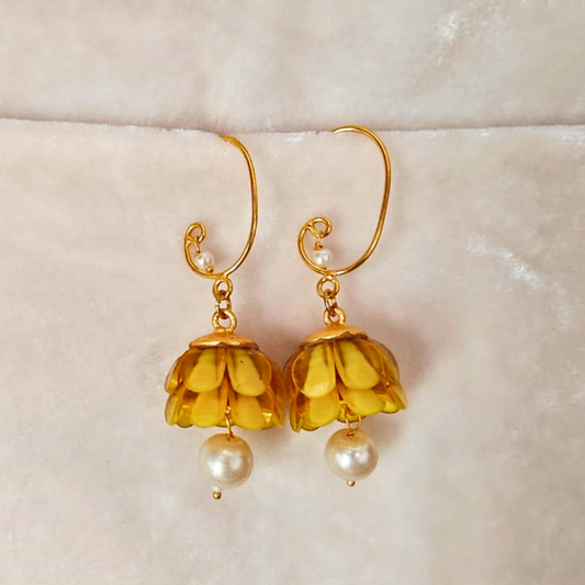 Lightweight yellow jhumki earrings with layered acrylic petal dome and single pearl drop