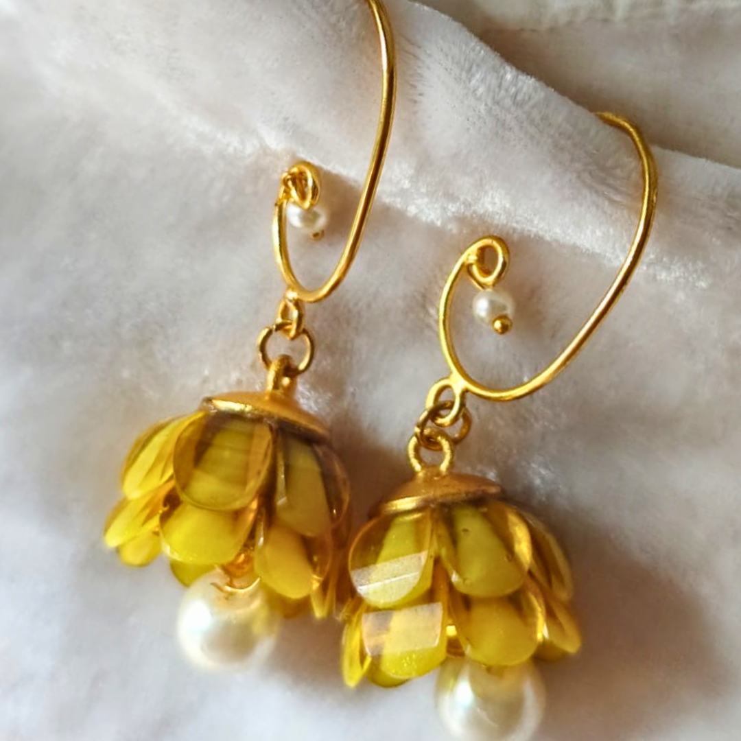Lightweight yellow jhumki earrings with layered acrylic petal dome and single pearl drop