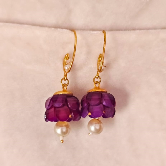 Lightweight purple jhumki earrings with layered acrylic petal dome and single pearl drop