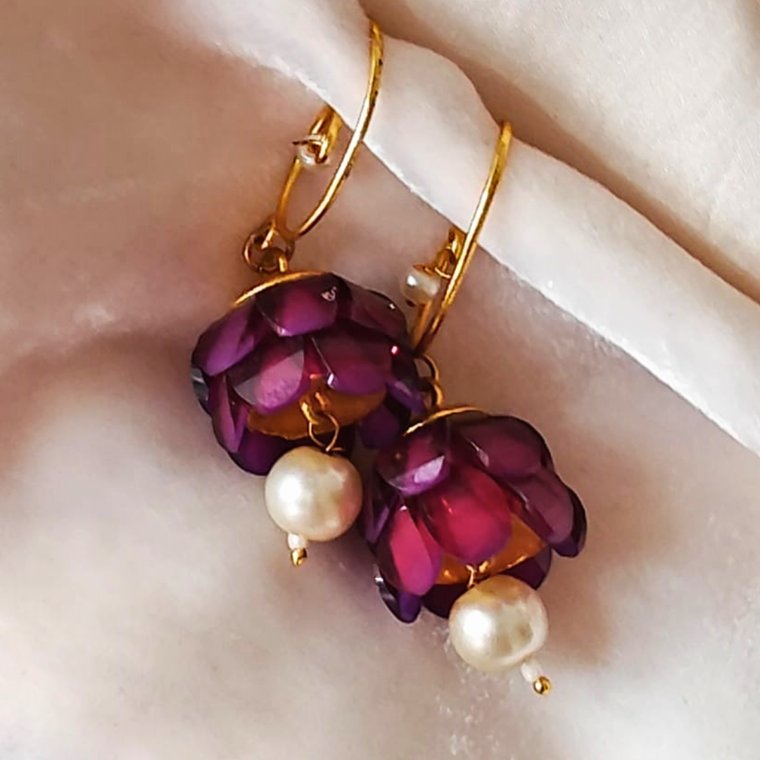 Lightweight purple jhumki earrings with layered acrylic petal dome and single pearl drop