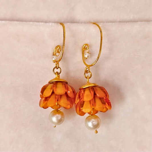 Lightweight orange jhumki earrings with layered acrylic petal dome and single pearl drop