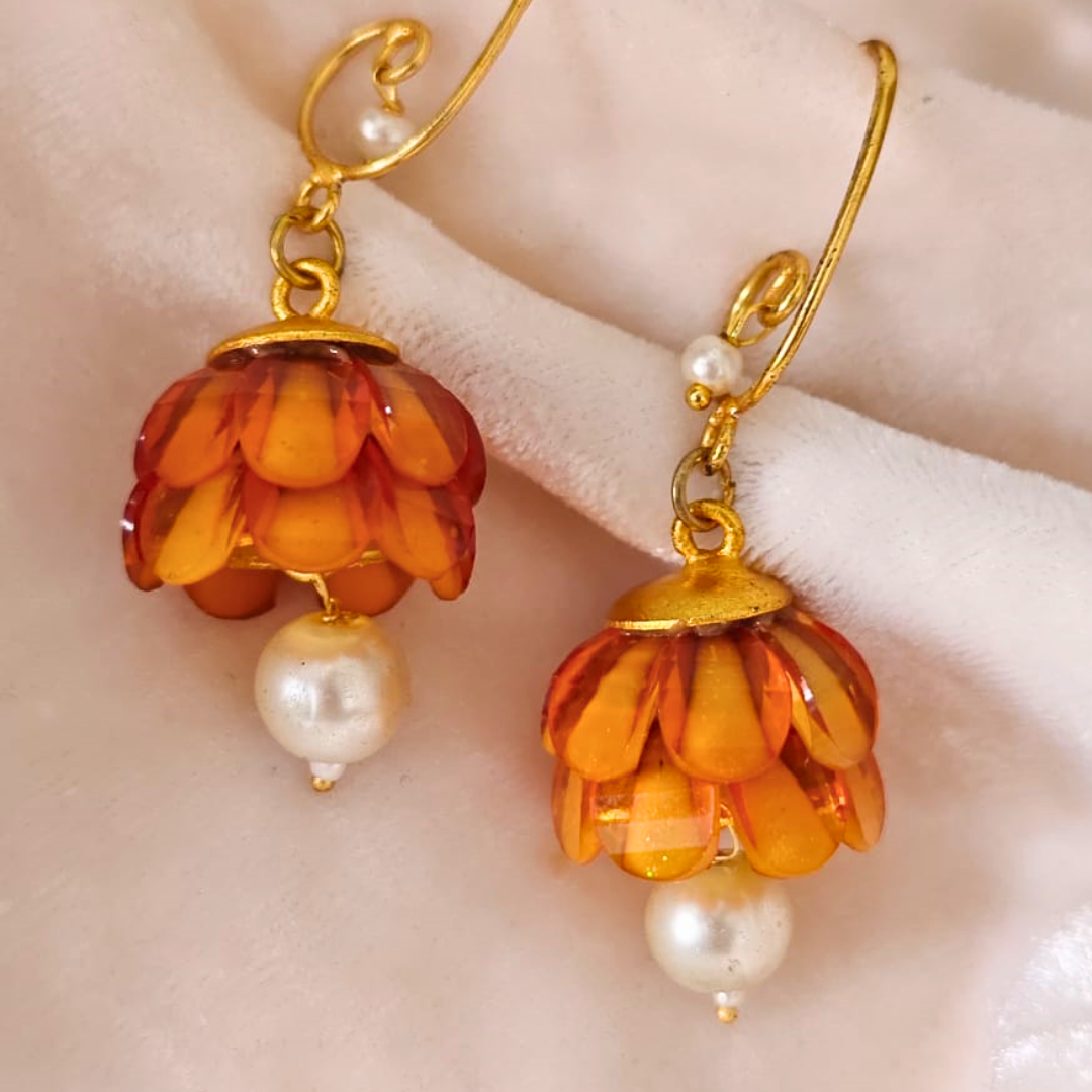 Lightweight orange jhumki earrings with layered acrylic petal dome and single pearl drop