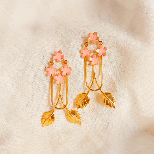 Handcrafted Brass Dangler Earrings with Pink Enamel Flowers and Golden Leaf