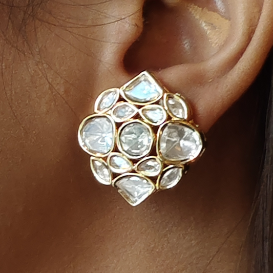Handmade Kundan stud earrings in brass with 18K rhodium gold plating