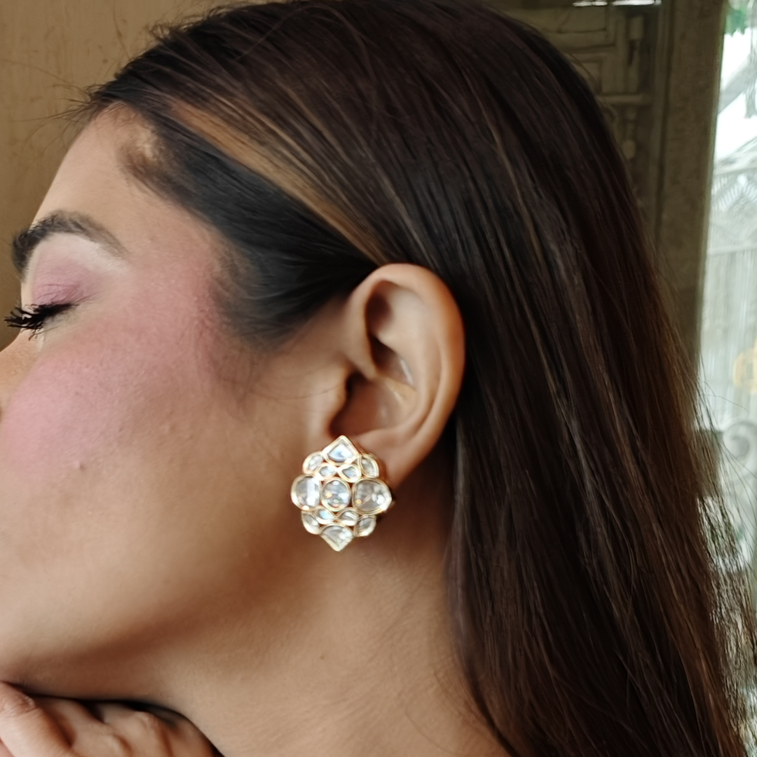 Handmade Kundan stud earrings in brass with 18K rhodium gold plating