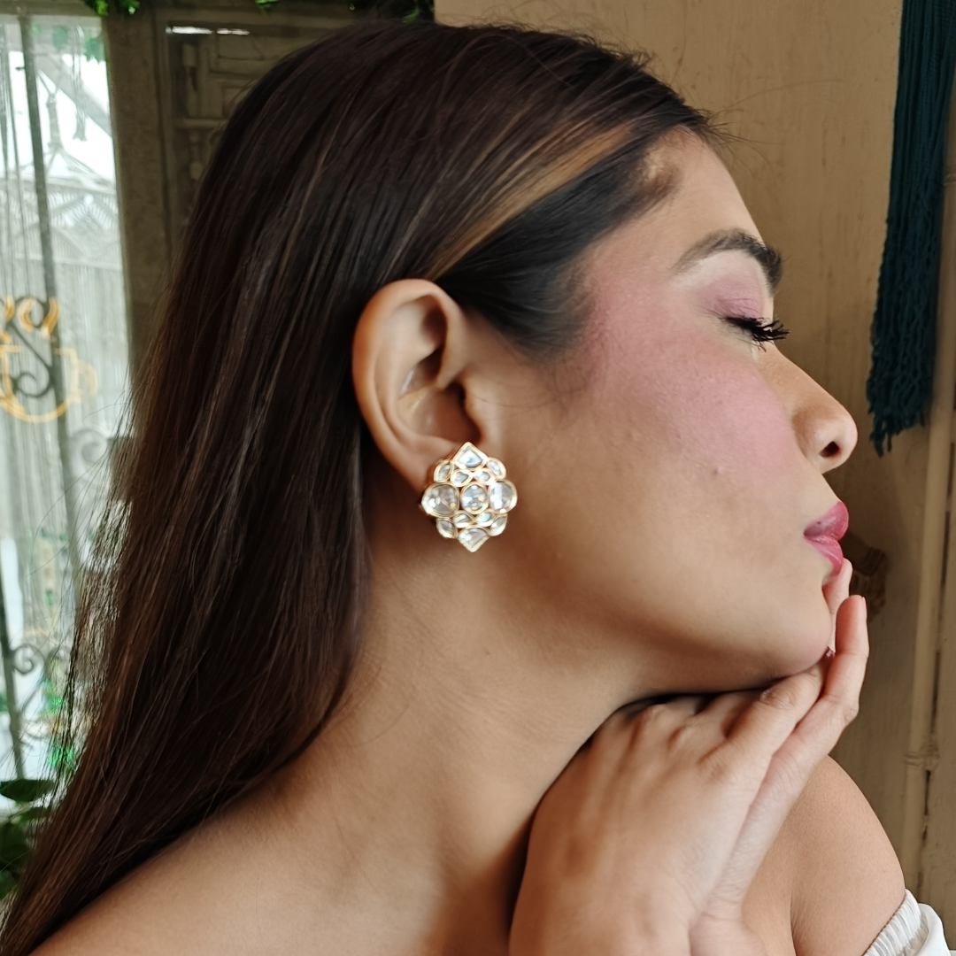 Handmade Kundan stud earrings in brass with 18K rhodium gold plating