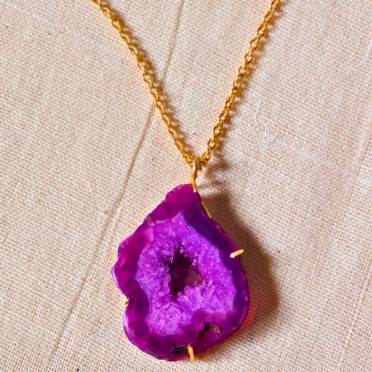 Purple Druzy Agate Pendant on gold-toned brass chain with natural geode center