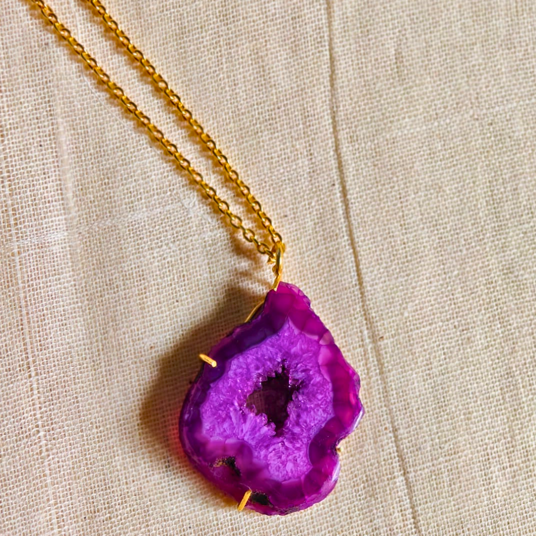 Purple Druzy Agate Pendant on gold-toned brass chain with natural geode center
