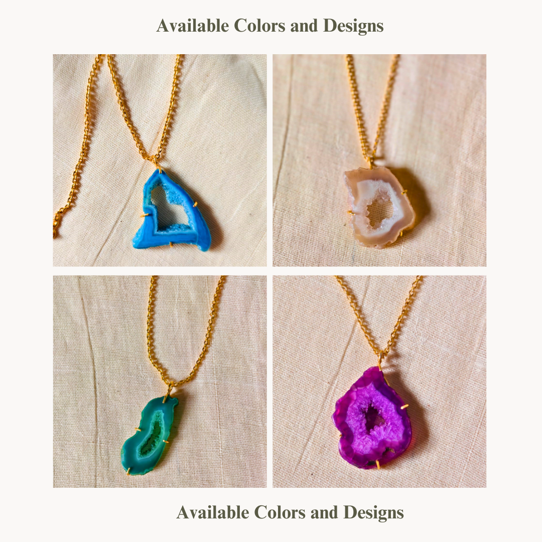 Multicolor Druzy Agate Pendant on gold-toned brass chain with natural geode center