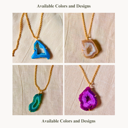 Multicolor Druzy Agate Pendant on gold-toned brass chain with natural geode center