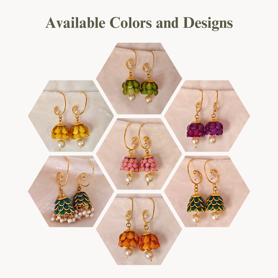 Multicolor acrylic jhumki earrings with lotus petal design, pearl drops, and 18K rhodium gold finish