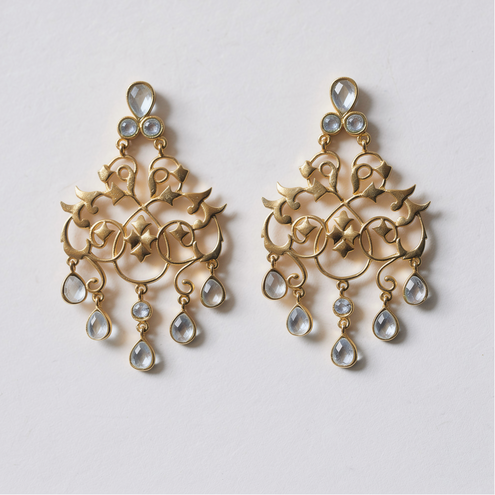 Intricate handmade gold earrings with teardrop-shaped kundan gemstones