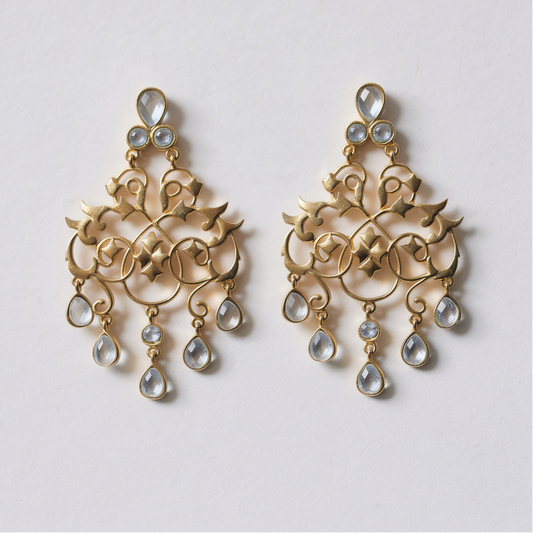 Intricate handmade gold earrings with teardrop-shaped kundan gemstones